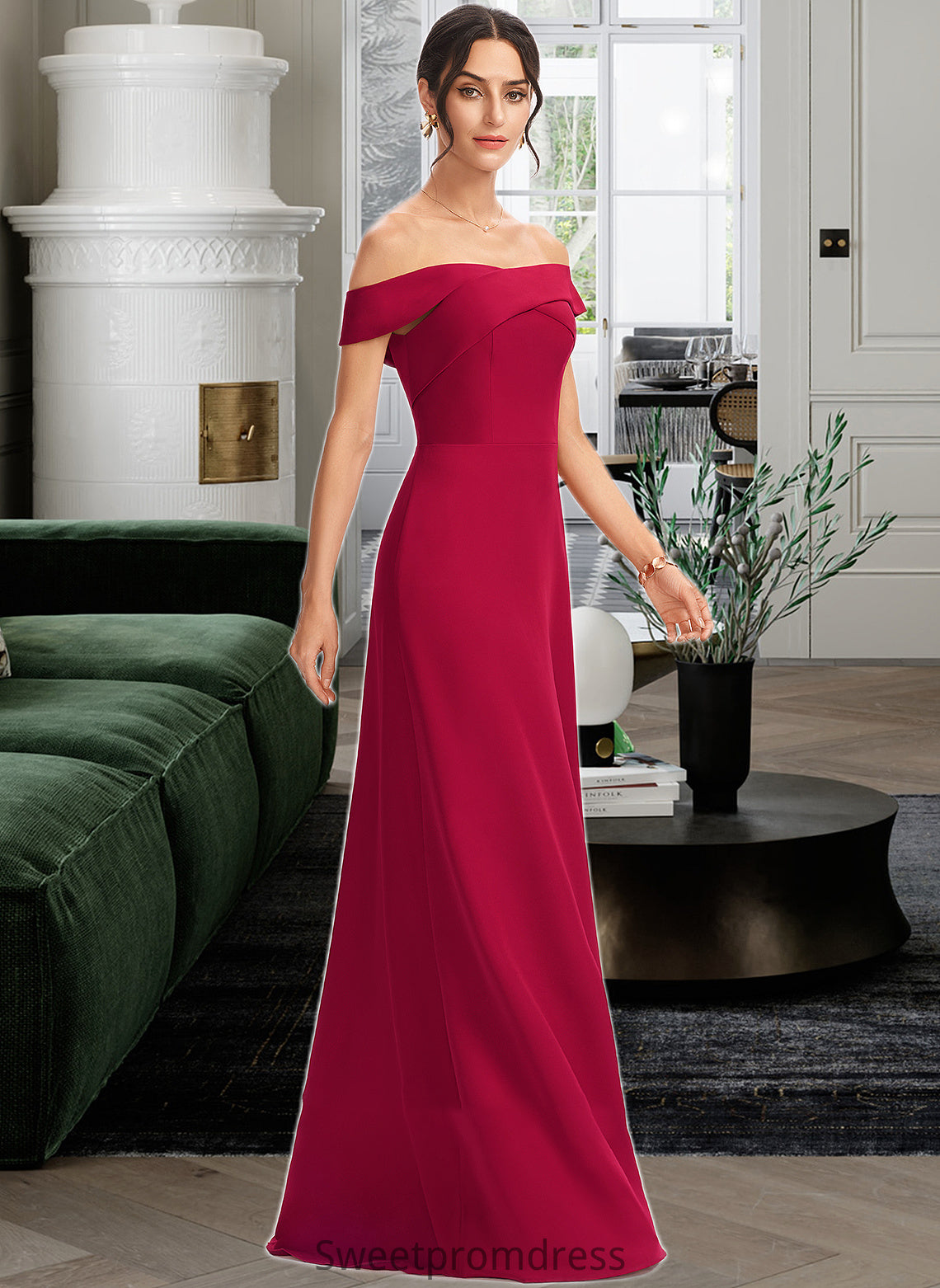 Erika Sheath/Column Off-the-Shoulder Floor-Length Bridesmaid Dress With Ruffle DHP0013177