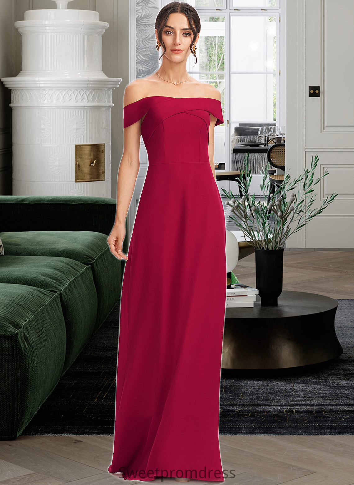 Erika Sheath/Column Off-the-Shoulder Floor-Length Bridesmaid Dress With Ruffle DHP0013177