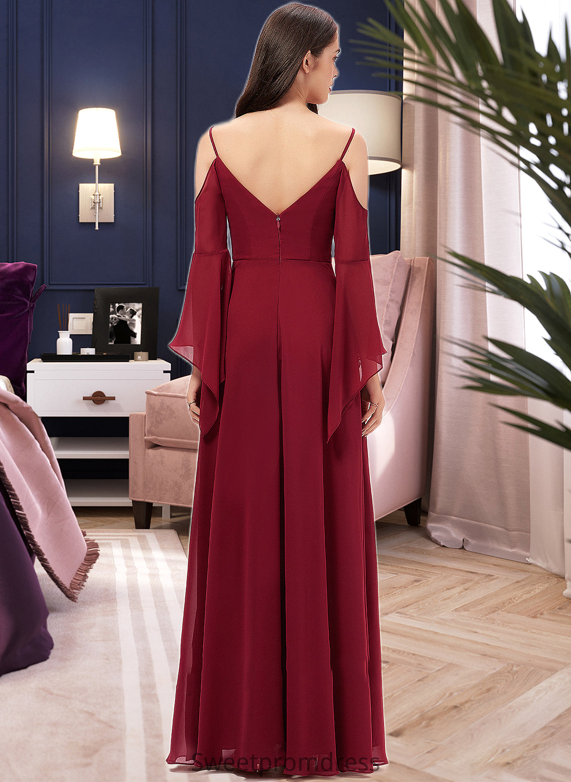 Aliana A-line V-Neck Floor-Length Chiffon Bridesmaid Dress DHP0013178