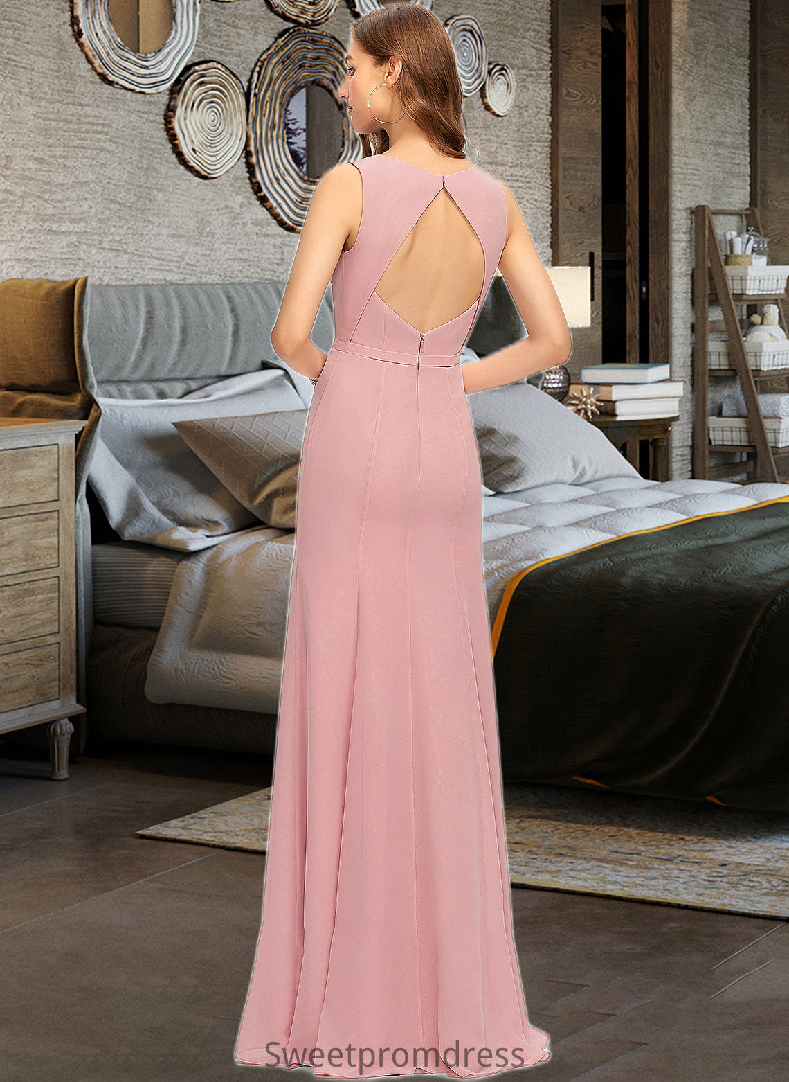 Sydnee Sheath/Column Scoop Neck Floor-Length Chiffon Bridesmaid Dress With Split Front DHP0013179