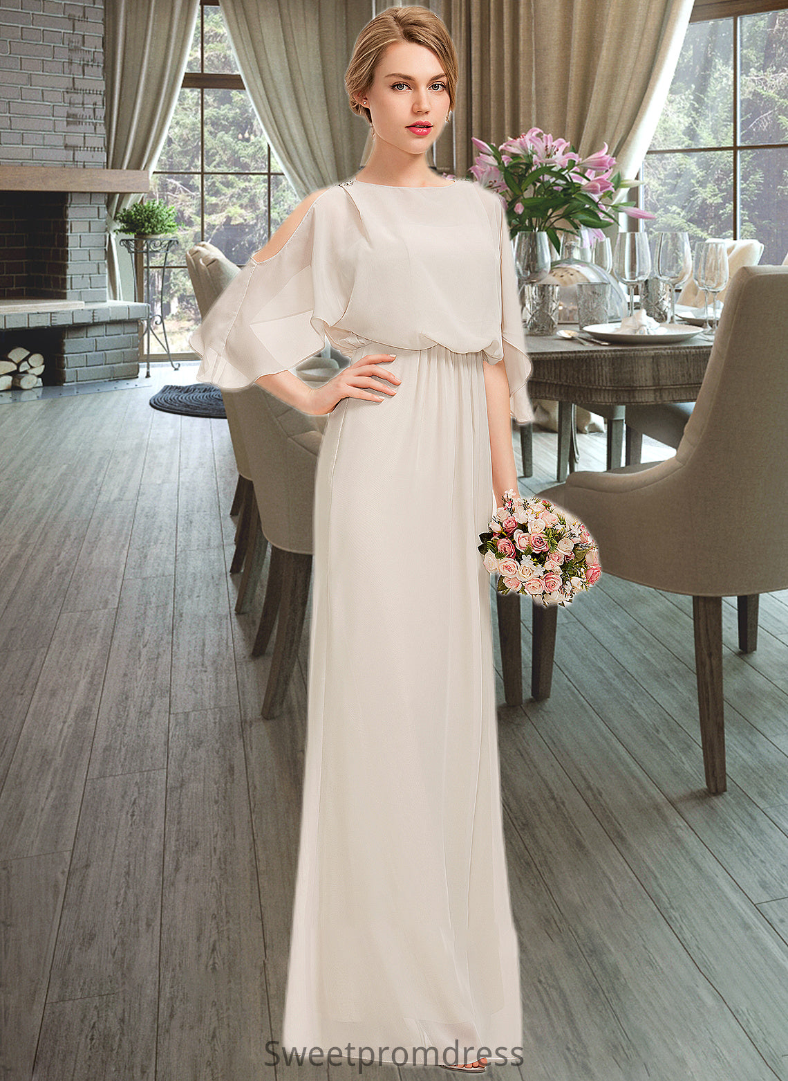 Sarah Sheath/Column Scoop Neck Floor-Length Chiffon Bridesmaid Dress With Cascading Ruffles DHP0013180