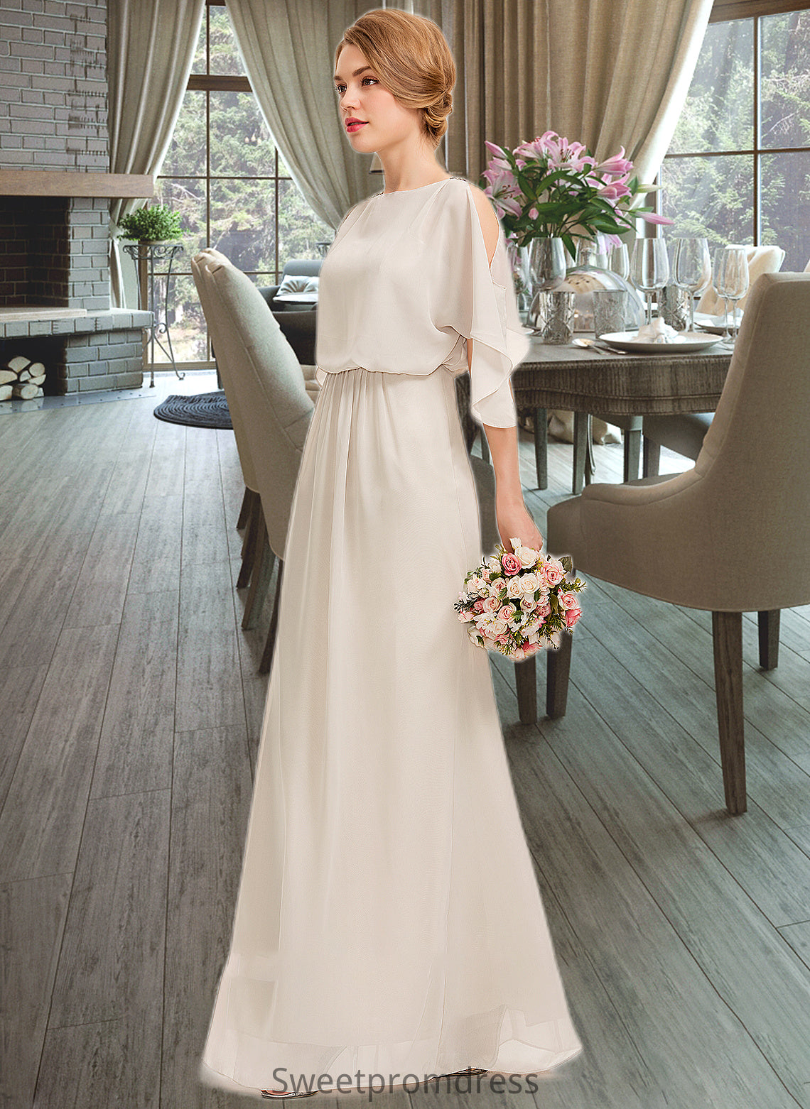 Sarah Sheath/Column Scoop Neck Floor-Length Chiffon Bridesmaid Dress With Cascading Ruffles DHP0013180