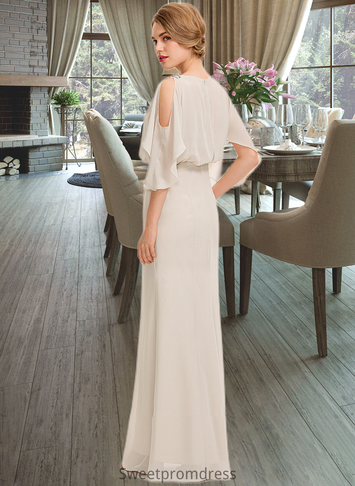 Sarah Sheath/Column Scoop Neck Floor-Length Chiffon Bridesmaid Dress With Cascading Ruffles DHP0013180