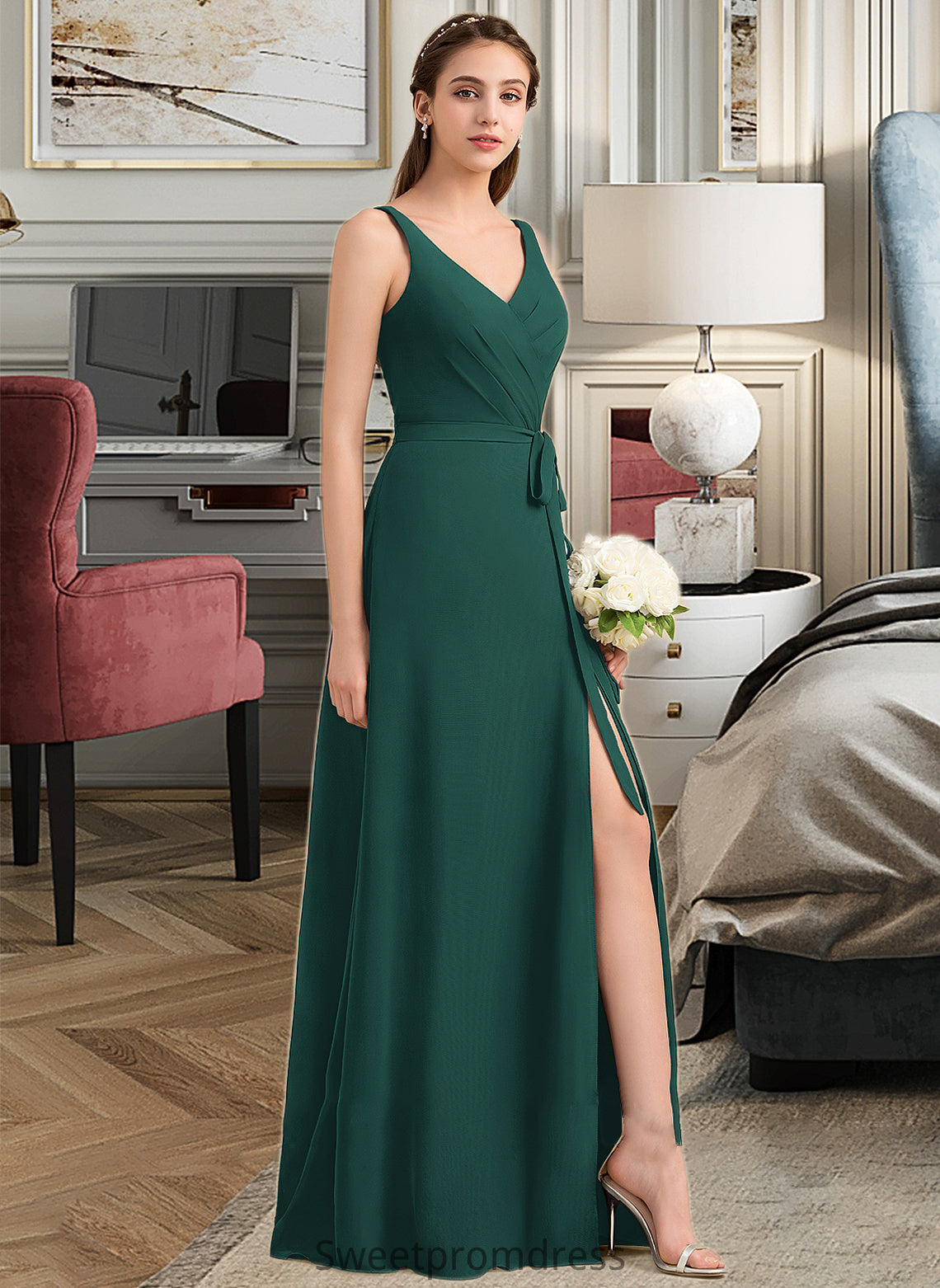 Gisselle A-Line V-neck Floor-Length Chiffon Bridesmaid Dress With Ruffle Bow(s) Split Front DHP0013181