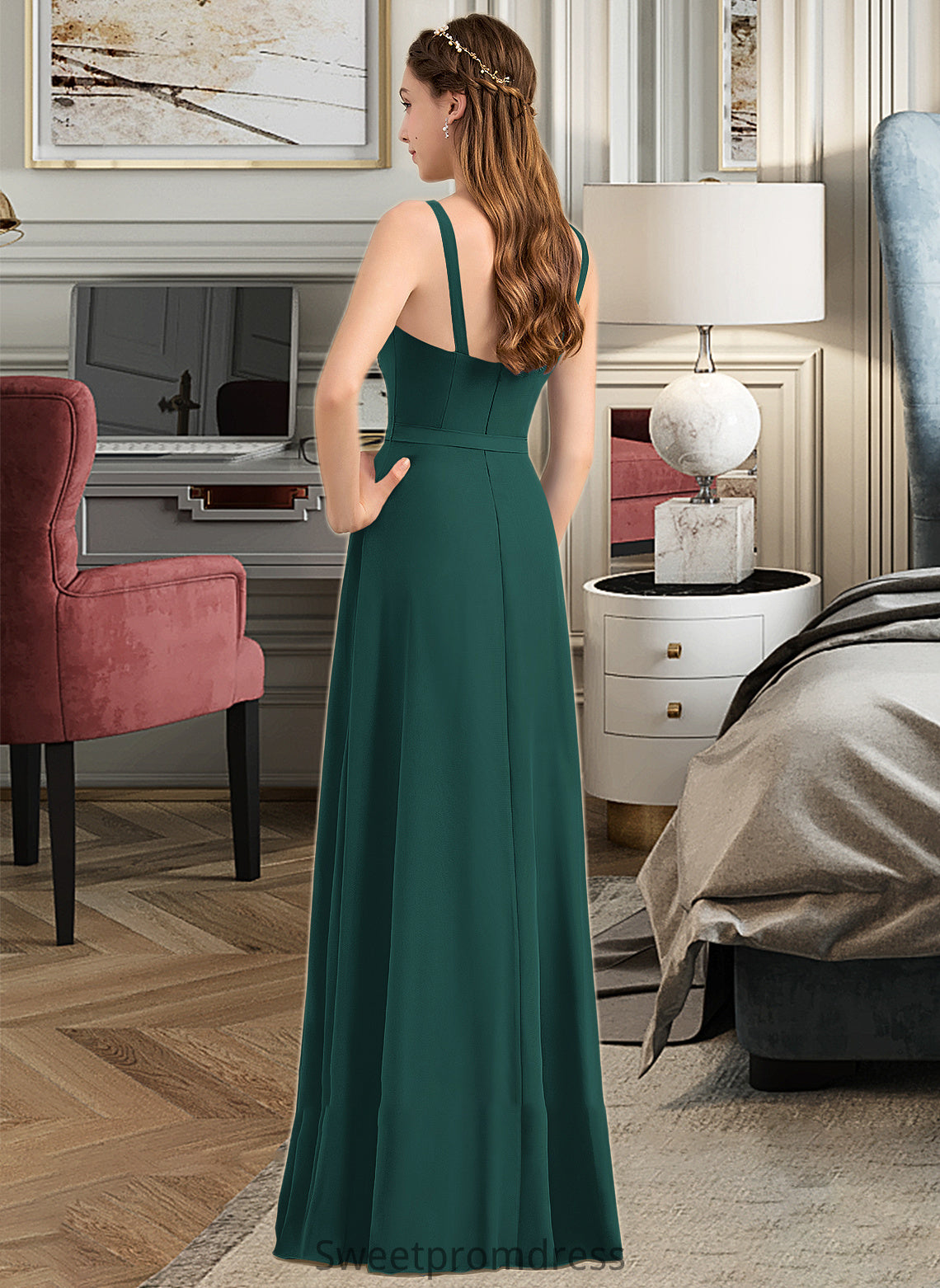 Gisselle A-Line V-neck Floor-Length Chiffon Bridesmaid Dress With Ruffle Bow(s) Split Front DHP0013181