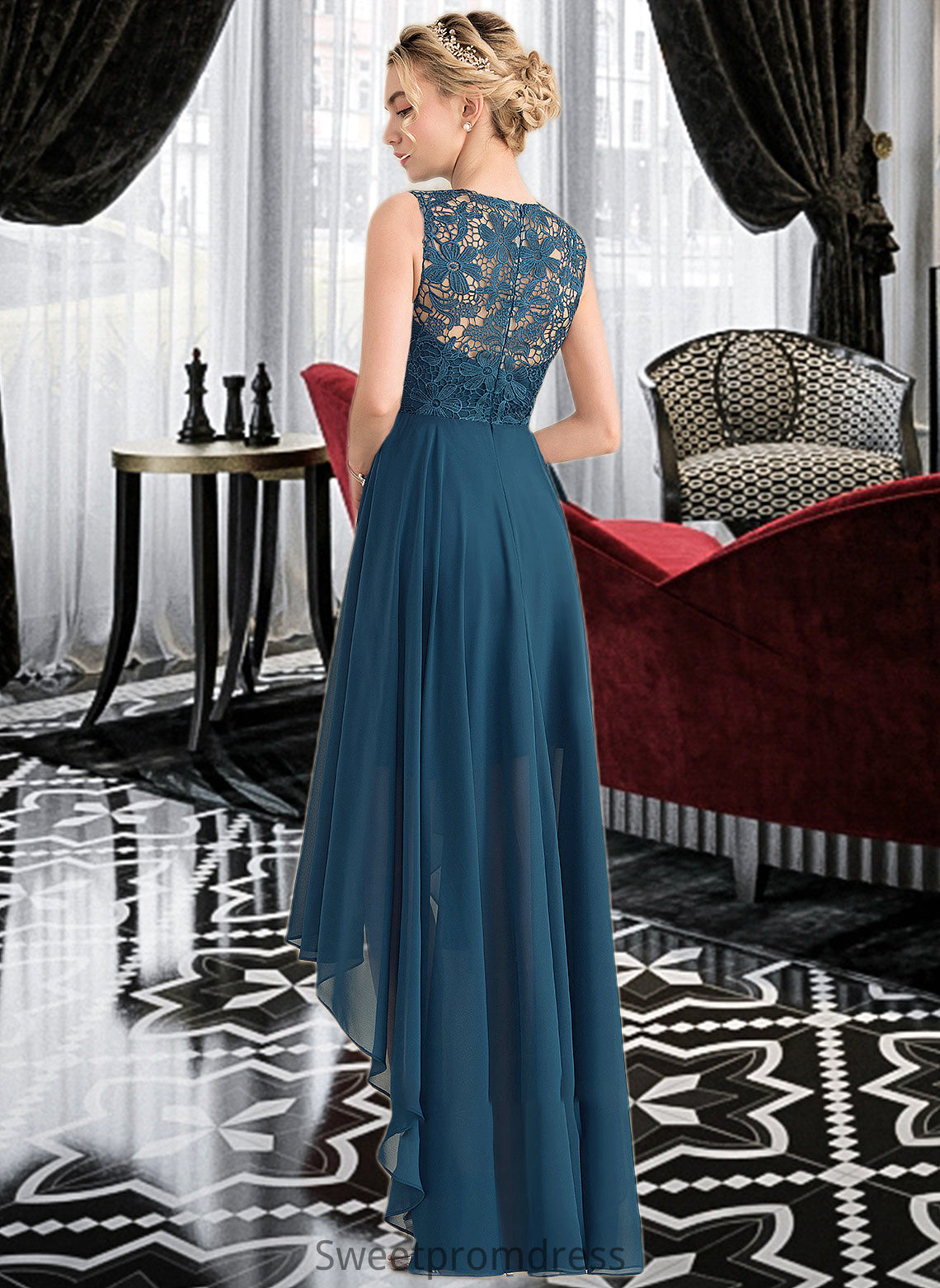 Kenya A-Line Scoop Neck Asymmetrical Chiffon Lace Bridesmaid Dress DHP0013182