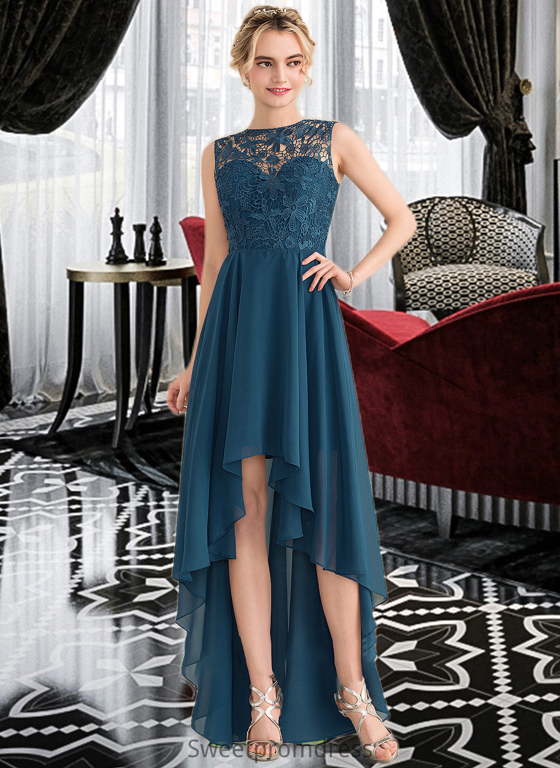 Kenya A-Line Scoop Neck Asymmetrical Chiffon Lace Bridesmaid Dress DHP0013182