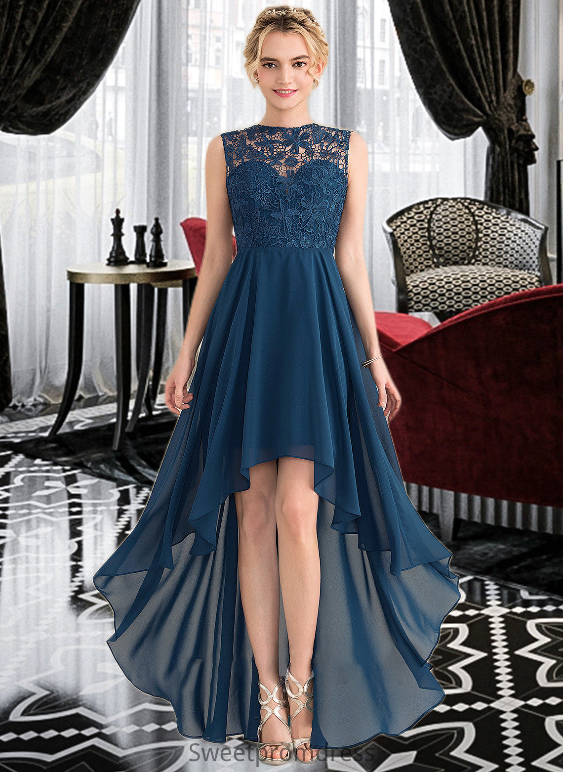 Kenya A-Line Scoop Neck Asymmetrical Chiffon Lace Bridesmaid Dress DHP0013182