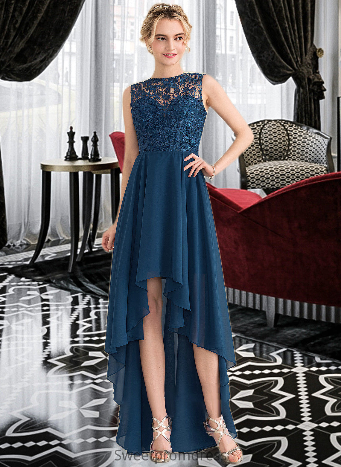 Kenya A-Line Scoop Neck Asymmetrical Chiffon Lace Bridesmaid Dress DHP0013182