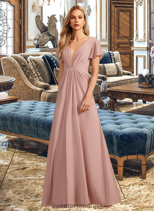 Alani A-Line V-neck Floor-Length Bridesmaid Dress With Ruffle DHP0013183