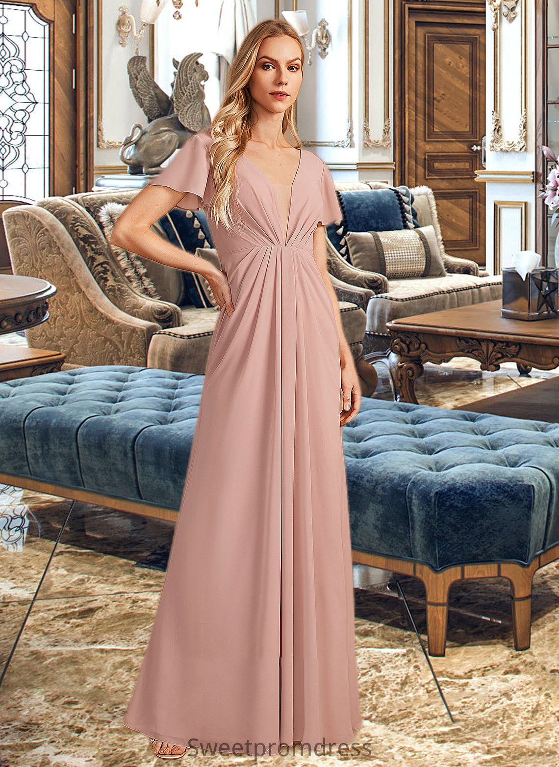 Alani A-Line V-neck Floor-Length Bridesmaid Dress With Ruffle DHP0013183