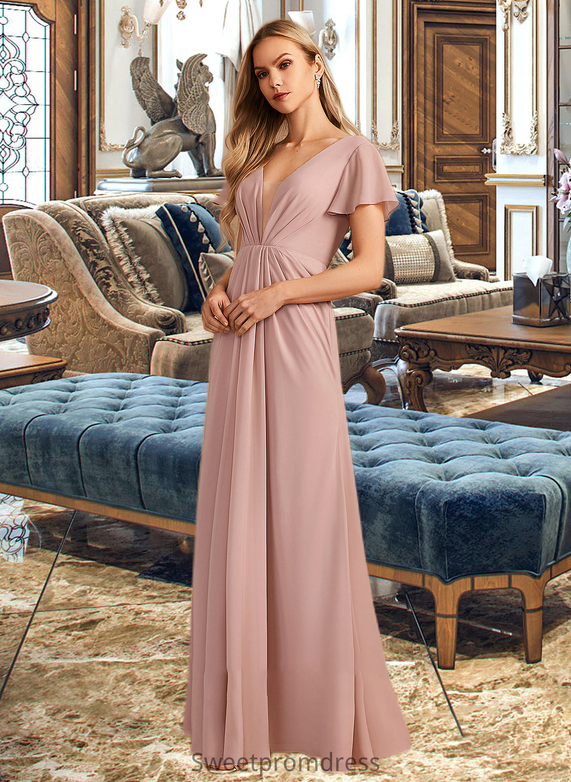 Alani A-Line V-neck Floor-Length Bridesmaid Dress With Ruffle DHP0013183