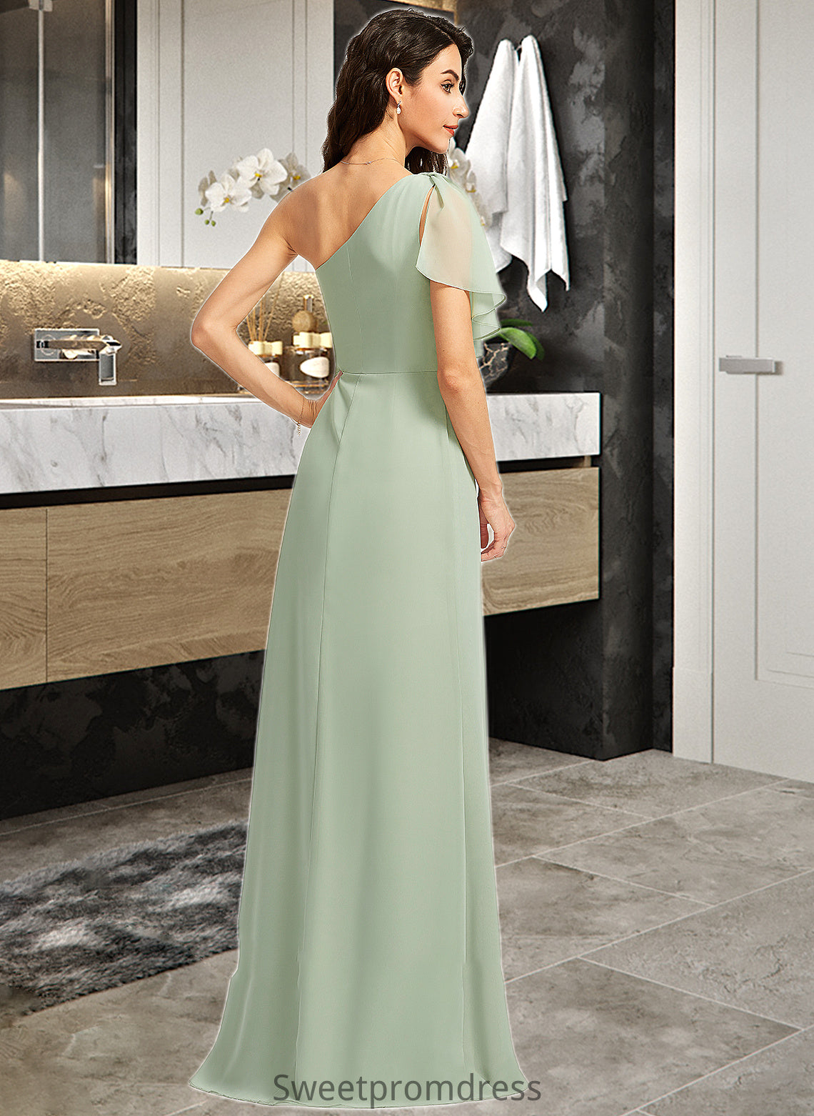 Nancy A-Line One-Shoulder Floor-Length Bridesmaid Dress With Ruffle Split Front DHP0013185