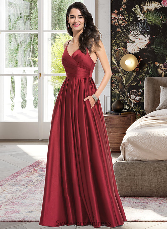 Taryn A-Line V-neck Floor-Length Satin Bridesmaid Dress With Ruffle Pockets DHP0013187