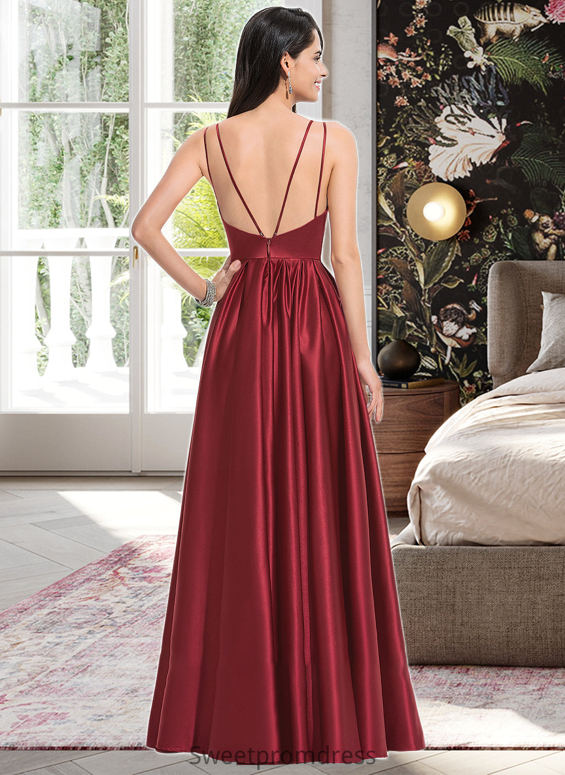 Taryn A-Line V-neck Floor-Length Satin Bridesmaid Dress With Ruffle Pockets DHP0013187