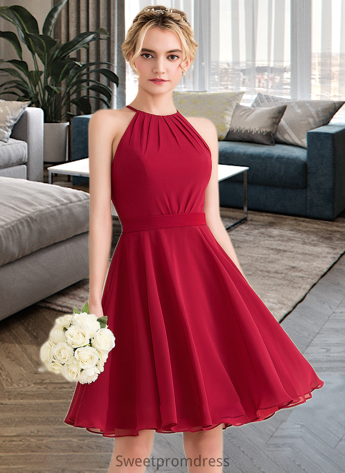 Anna A-Line Scoop Neck Knee-Length Chiffon Bridesmaid Dress With Ruffle Bow(s) DHP0013189