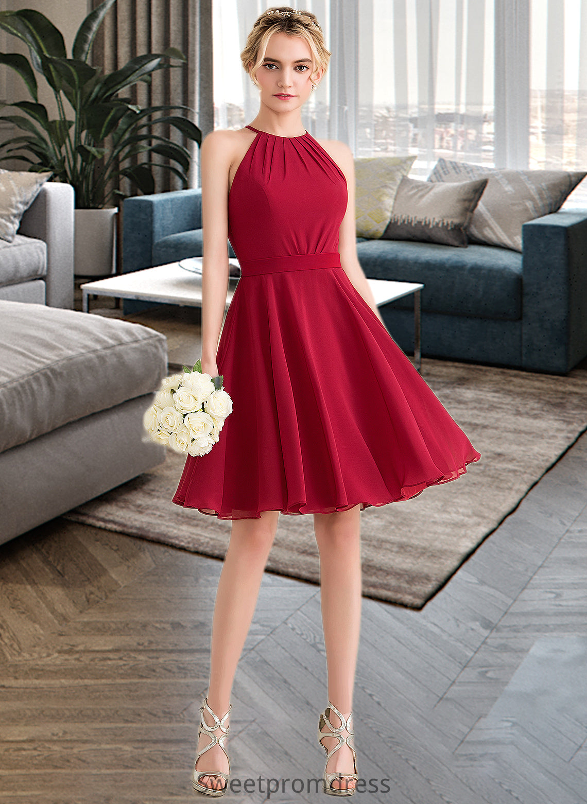 Anna A-Line Scoop Neck Knee-Length Chiffon Bridesmaid Dress With Ruffle Bow(s) DHP0013189