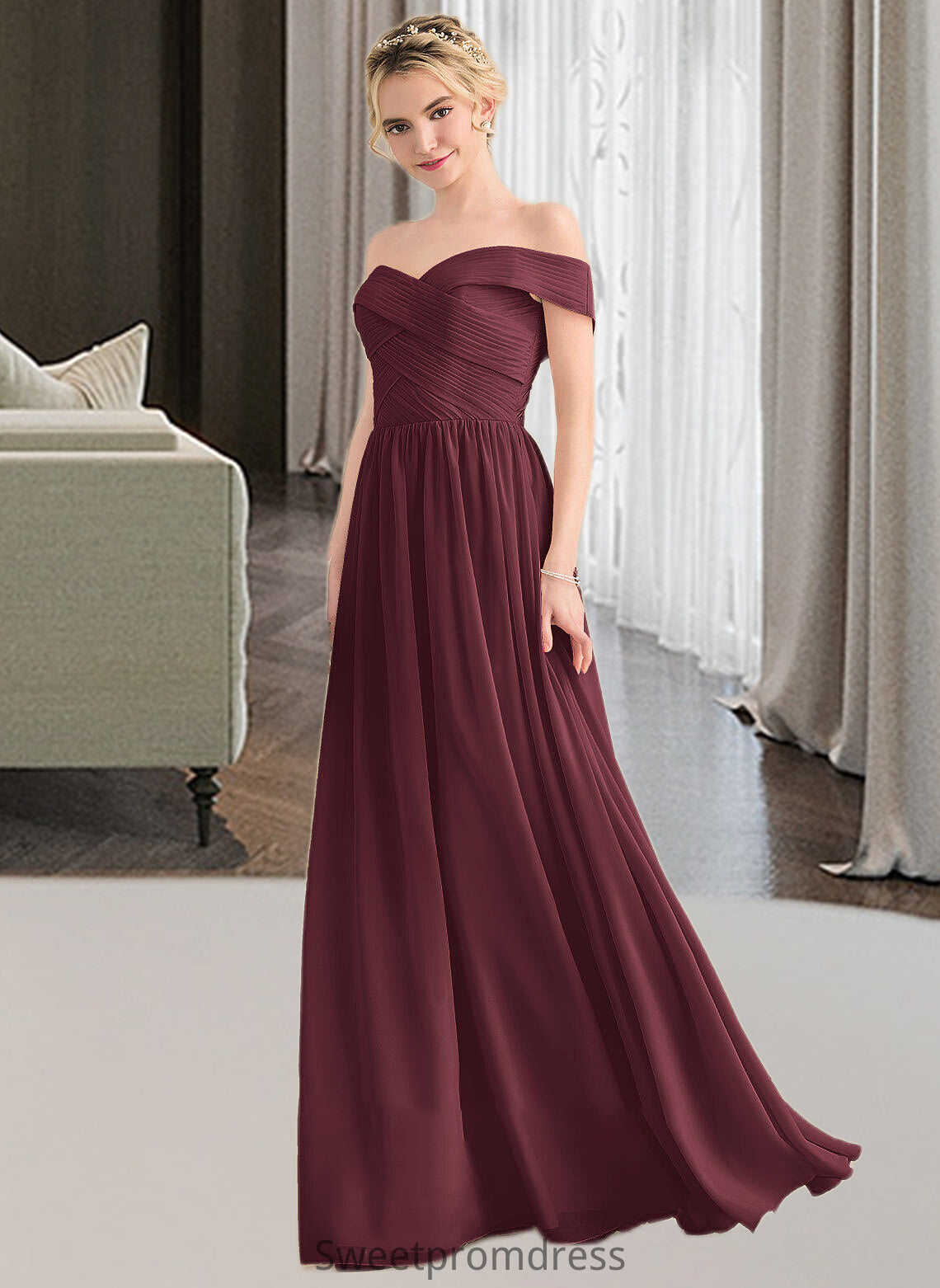 Roselyn A-Line Off-the-Shoulder Floor-Length Chiffon Bridesmaid Dress With Ruffle DHP0013190