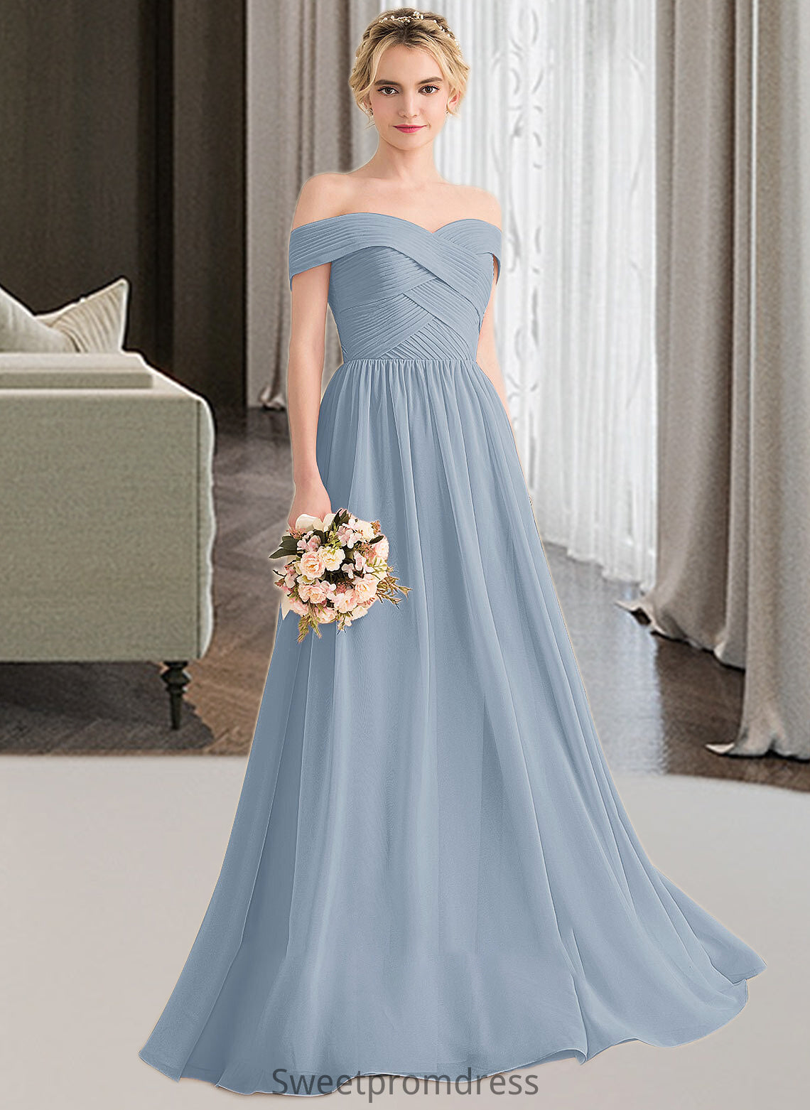 Roselyn A-Line Off-the-Shoulder Floor-Length Chiffon Bridesmaid Dress With Ruffle DHP0013190