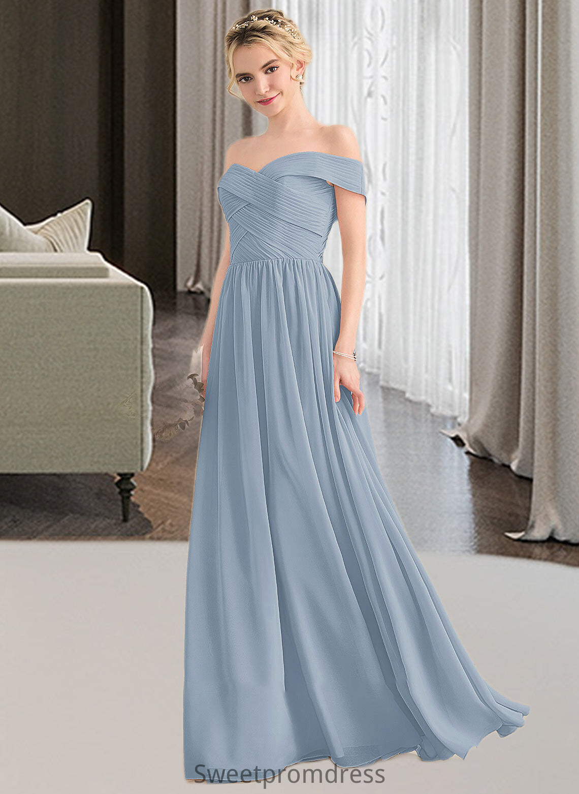 Roselyn A-Line Off-the-Shoulder Floor-Length Chiffon Bridesmaid Dress With Ruffle DHP0013190