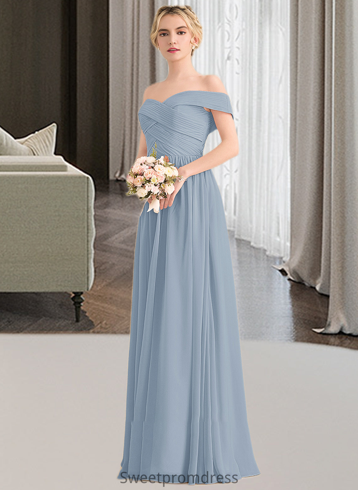 Roselyn A-Line Off-the-Shoulder Floor-Length Chiffon Bridesmaid Dress With Ruffle DHP0013190