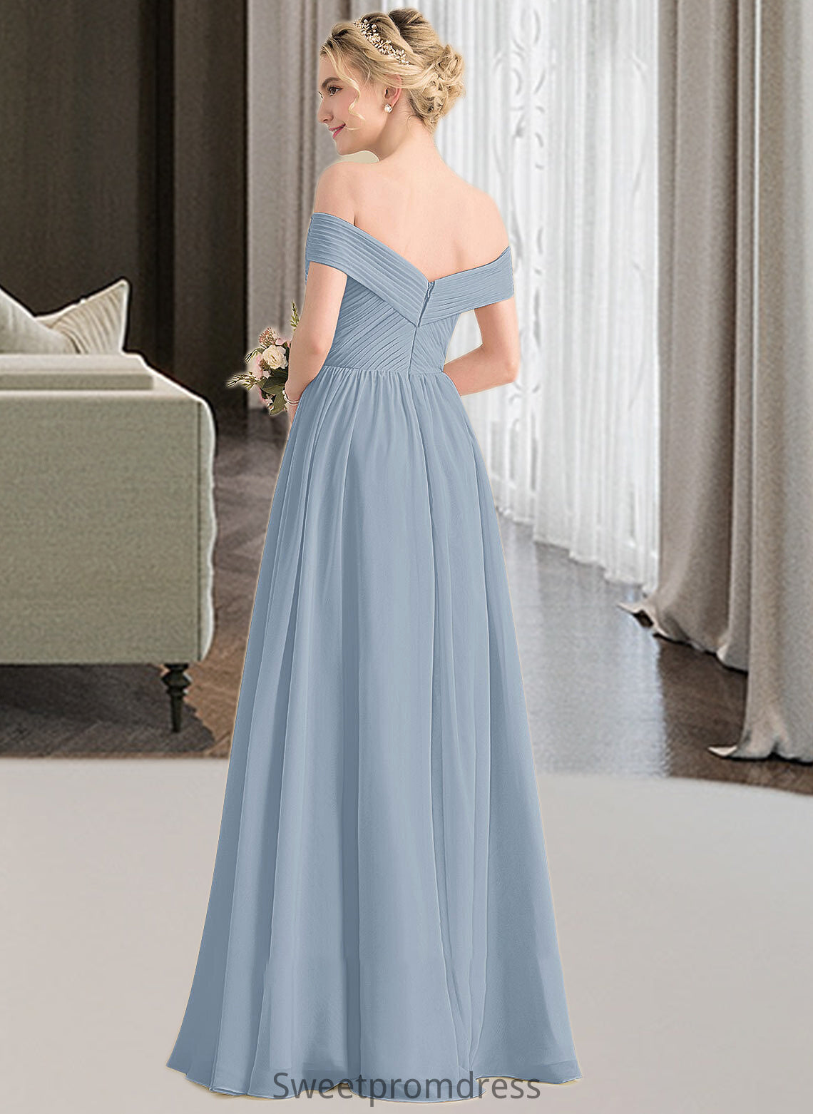 Roselyn A-Line Off-the-Shoulder Floor-Length Chiffon Bridesmaid Dress With Ruffle DHP0013190