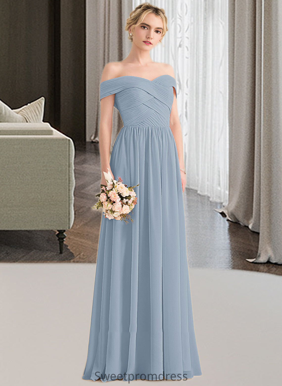 Roselyn A-Line Off-the-Shoulder Floor-Length Chiffon Bridesmaid Dress With Ruffle DHP0013190