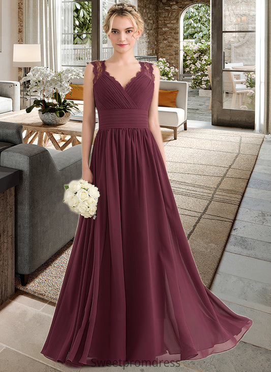 Shirley A-Line V-neck Floor-Length Chiffon Lace Bridesmaid Dress With Ruffle Bow(s) DHP0013191