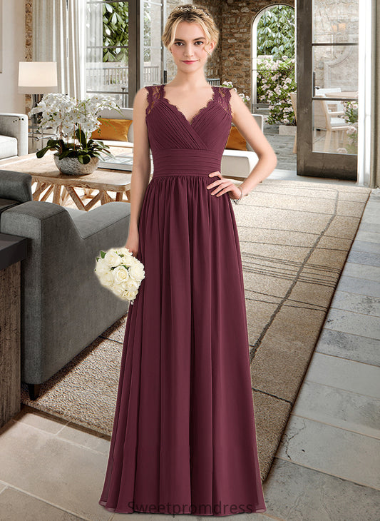 Shirley A-Line V-neck Floor-Length Chiffon Lace Bridesmaid Dress With Ruffle Bow(s) DHP0013191