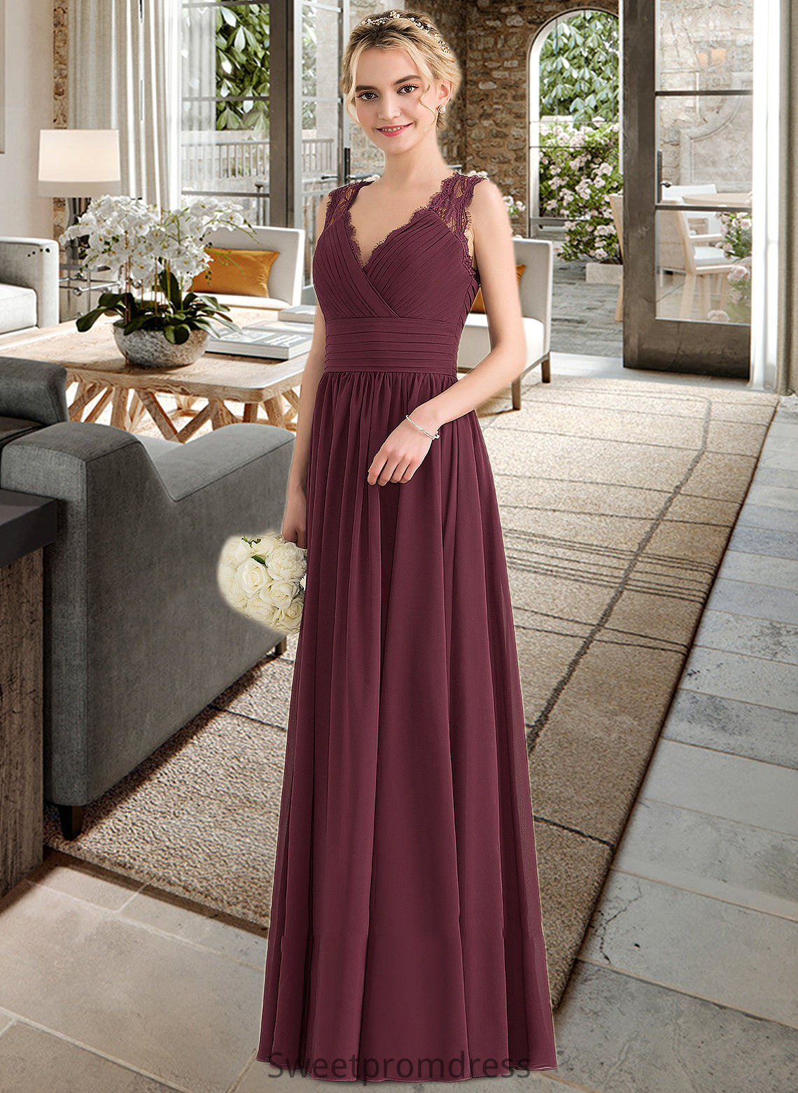 Shirley A-Line V-neck Floor-Length Chiffon Lace Bridesmaid Dress With Ruffle Bow(s) DHP0013191