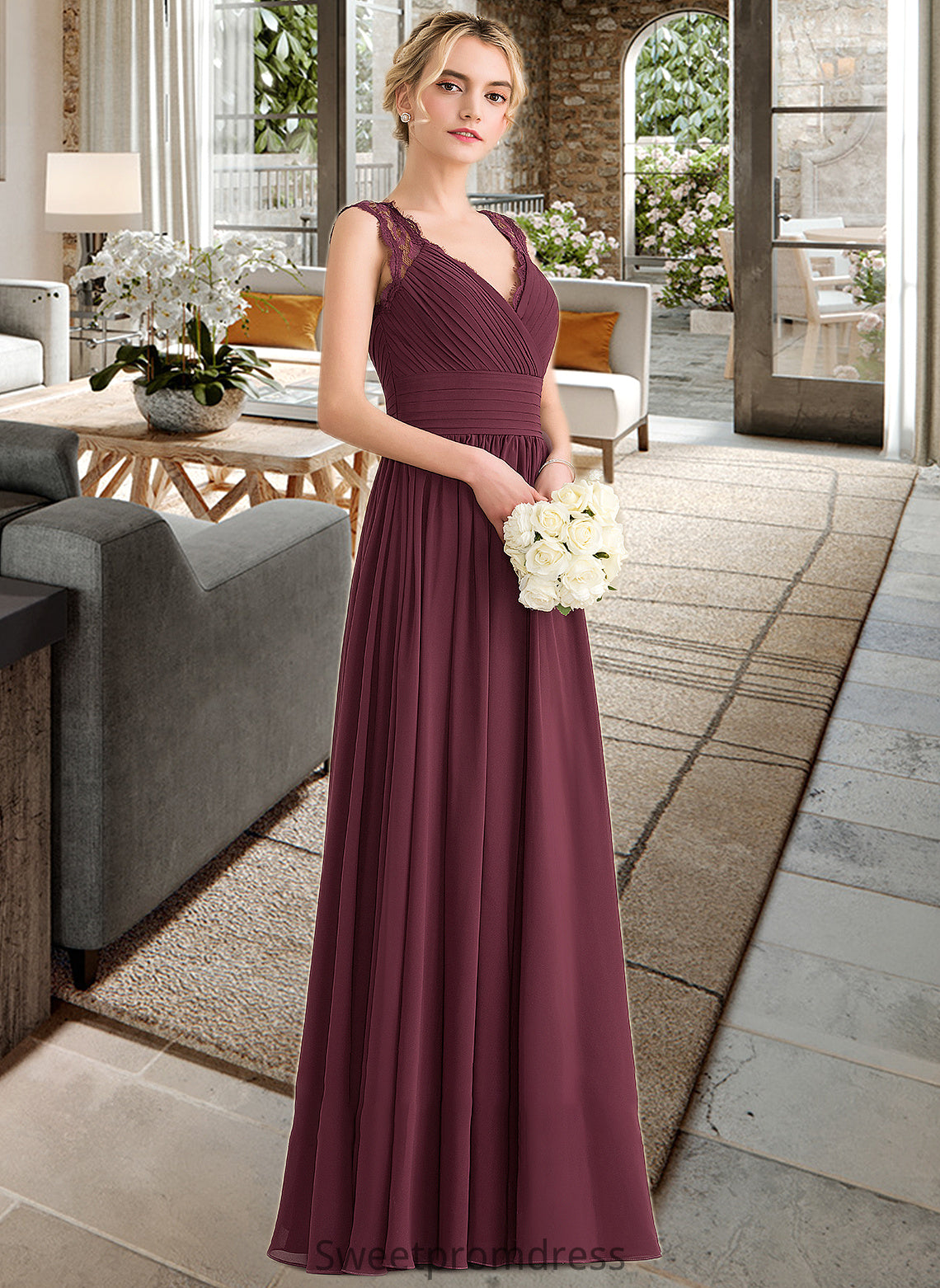 Shirley A-Line V-neck Floor-Length Chiffon Lace Bridesmaid Dress With Ruffle Bow(s) DHP0013191