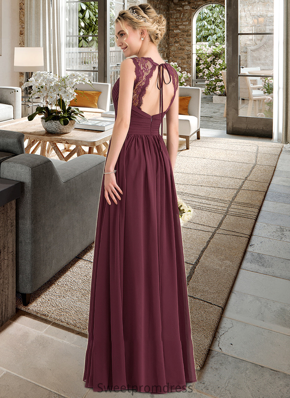 Shirley A-Line V-neck Floor-Length Chiffon Lace Bridesmaid Dress With Ruffle Bow(s) DHP0013191