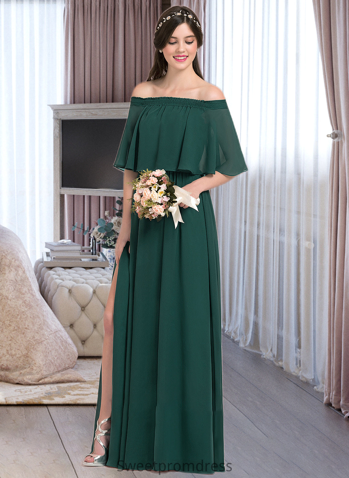 Florence A-Line Off-the-Shoulder Floor-Length Chiffon Bridesmaid Dress With Split Front DHP0013192