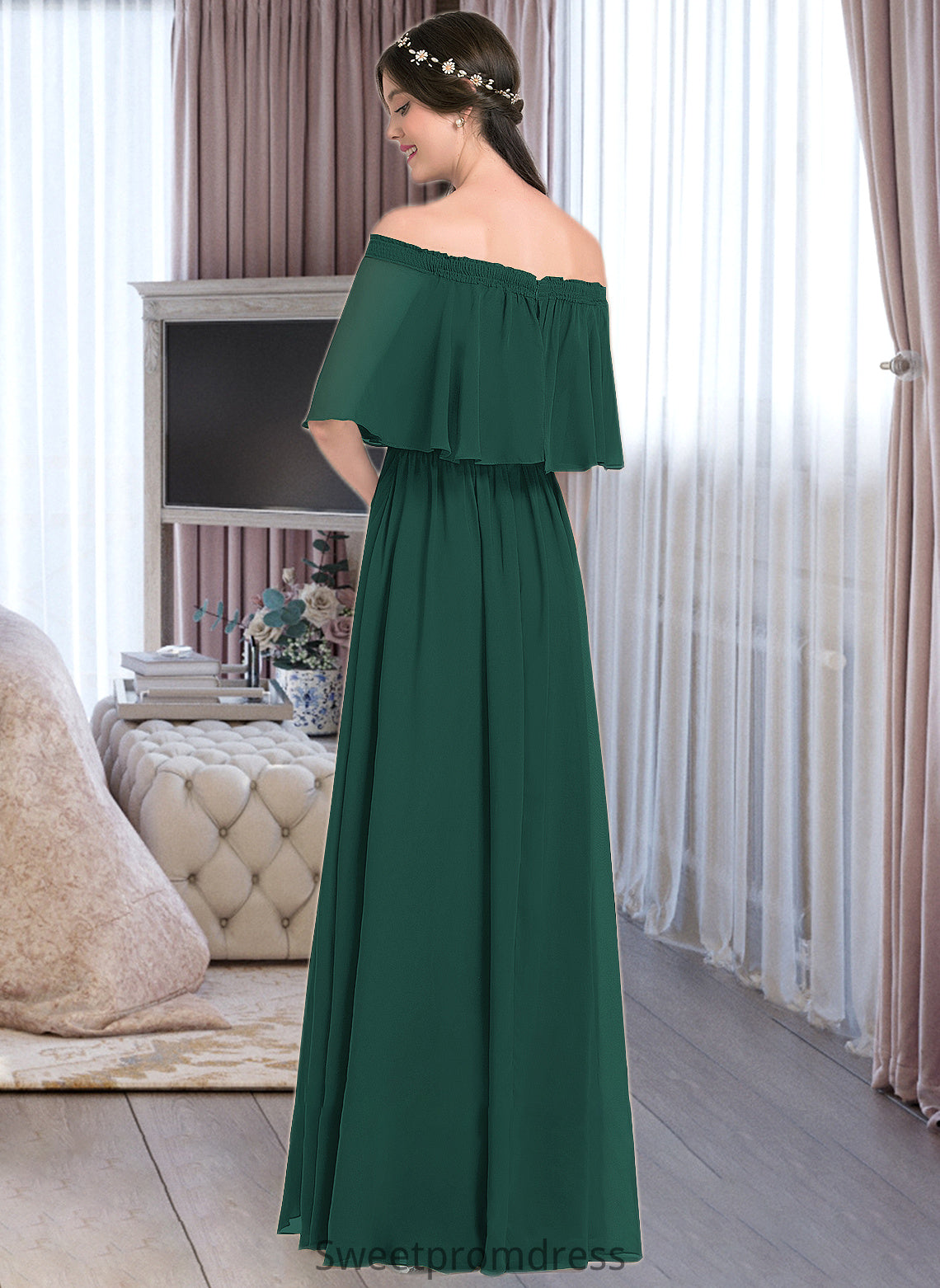 Florence A-Line Off-the-Shoulder Floor-Length Chiffon Bridesmaid Dress With Split Front DHP0013192