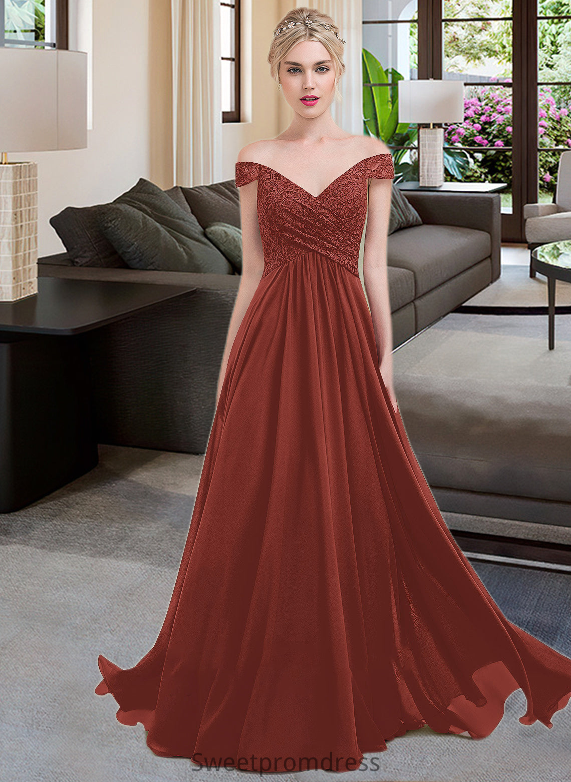 Sam A-Line Off-the-Shoulder Floor-Length Chiffon Lace Bridesmaid Dress With Ruffle DHP0013193