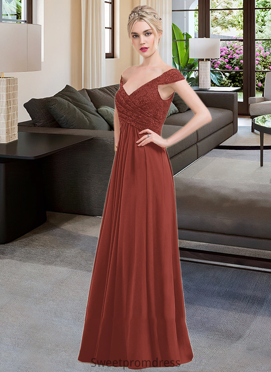 Sam A-Line Off-the-Shoulder Floor-Length Chiffon Lace Bridesmaid Dress With Ruffle DHP0013193