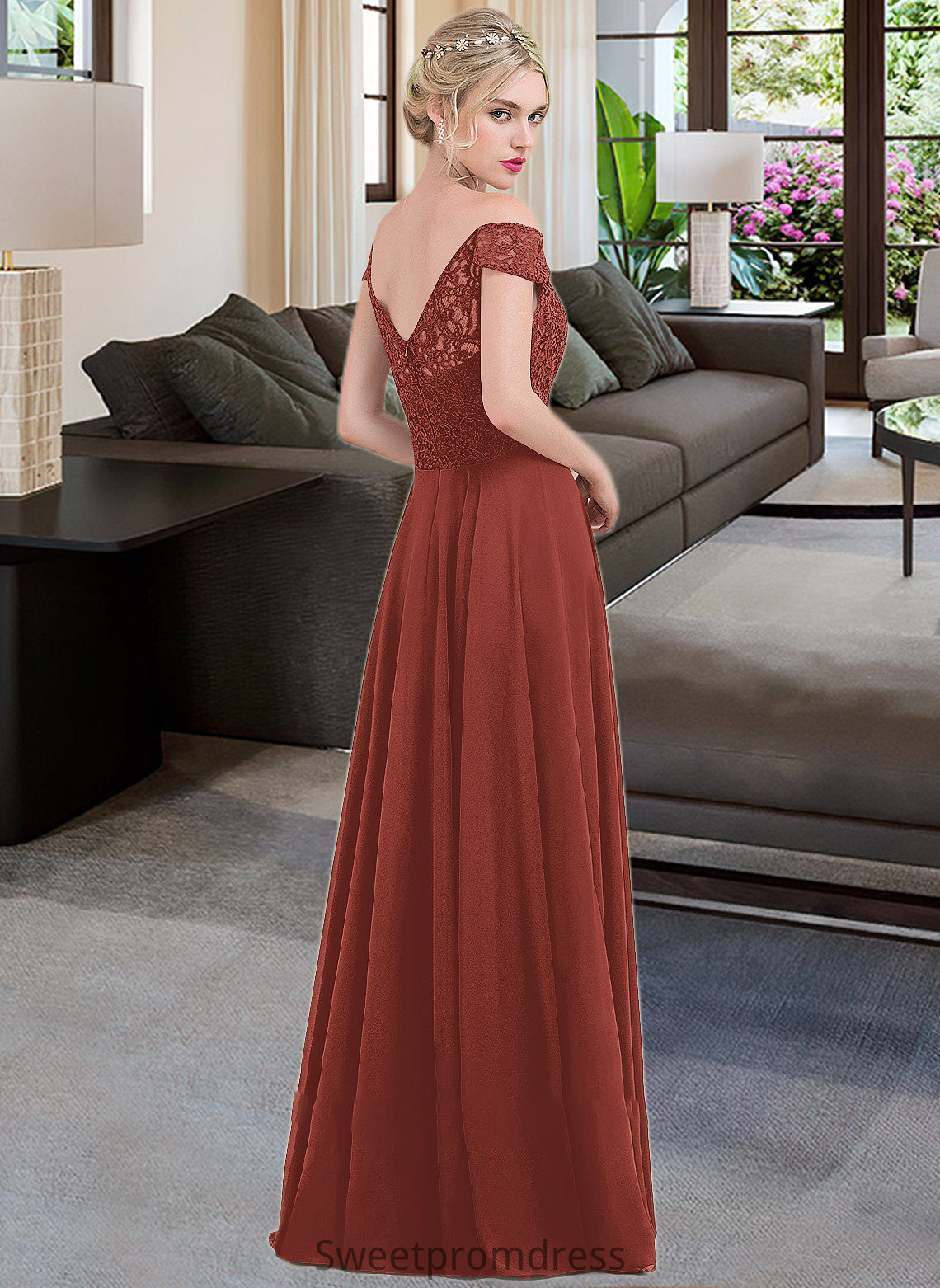 Sam A-Line Off-the-Shoulder Floor-Length Chiffon Lace Bridesmaid Dress With Ruffle DHP0013193