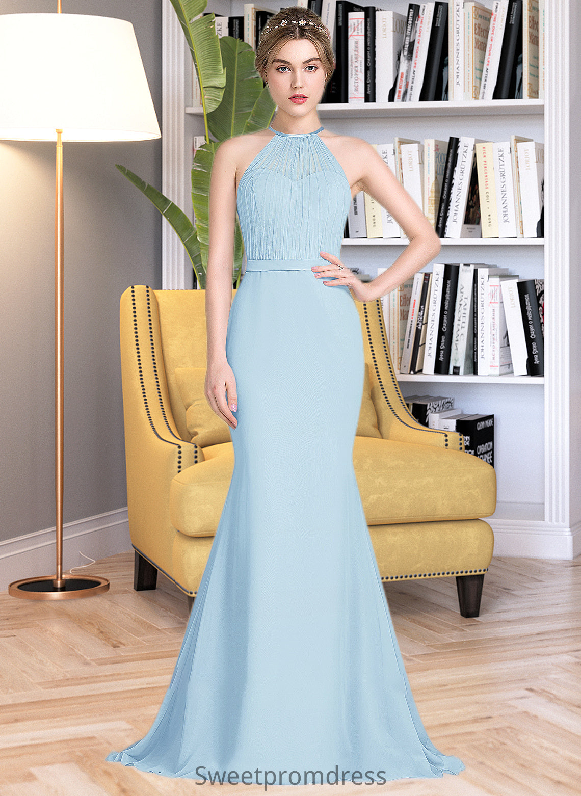 Denise Trumpet/Mermaid Scoop Neck Sweep Train Chiffon Tulle Bridesmaid Dress With Ruffle DHP0013194