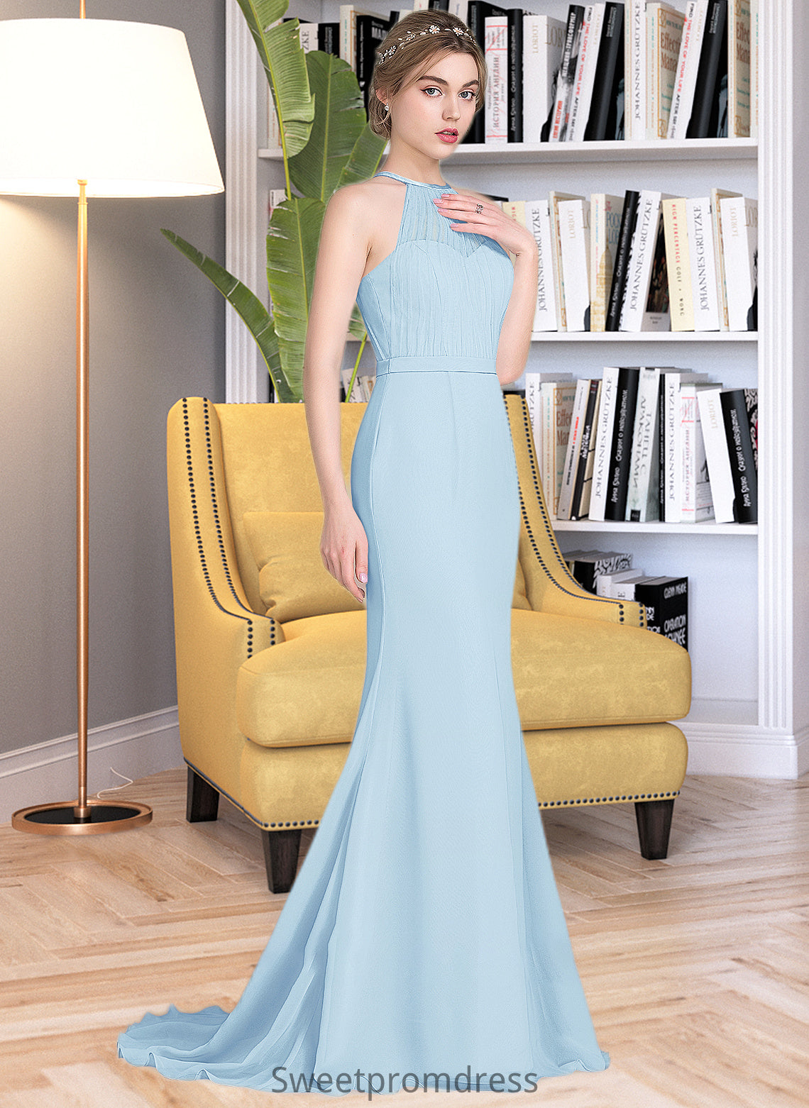 Denise Trumpet/Mermaid Scoop Neck Sweep Train Chiffon Tulle Bridesmaid Dress With Ruffle DHP0013194