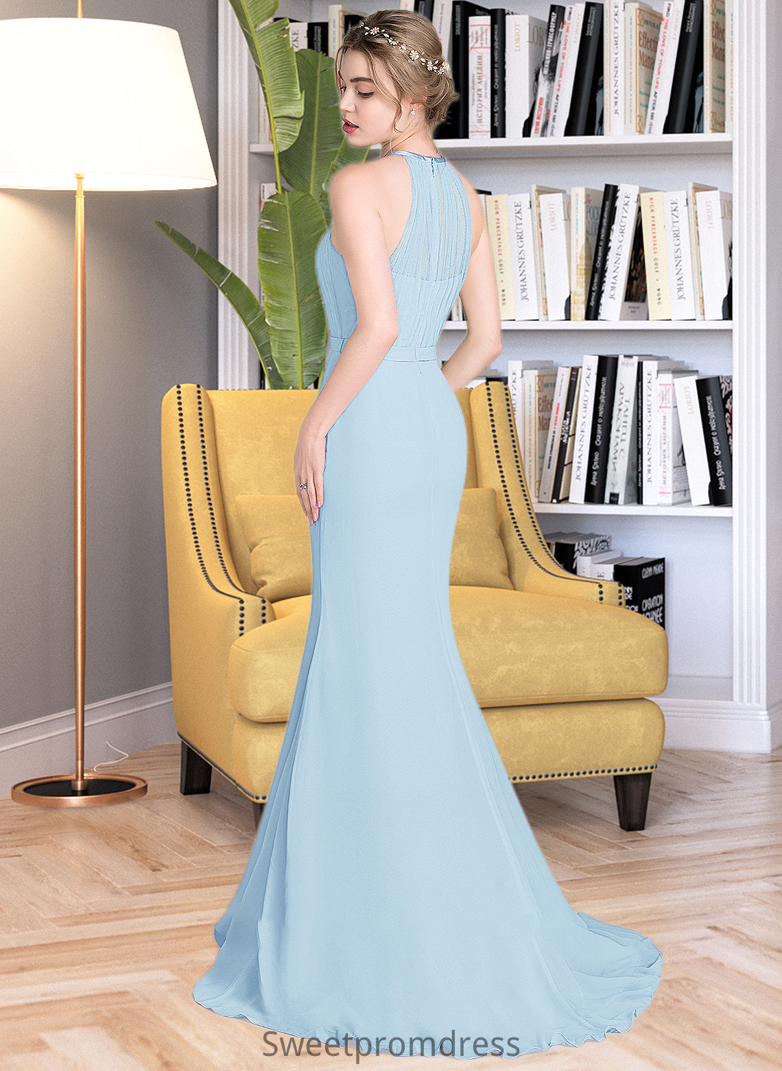 Denise Trumpet/Mermaid Scoop Neck Sweep Train Chiffon Tulle Bridesmaid Dress With Ruffle DHP0013194