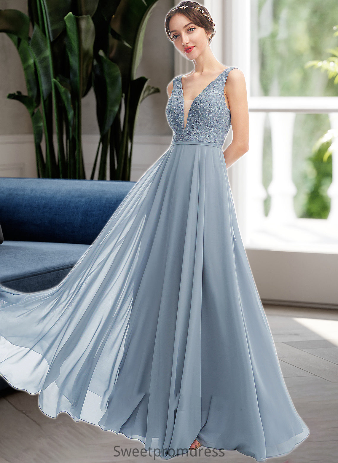 Heather A-Line V-neck Floor-Length Bridesmaid Dress DHP0013199