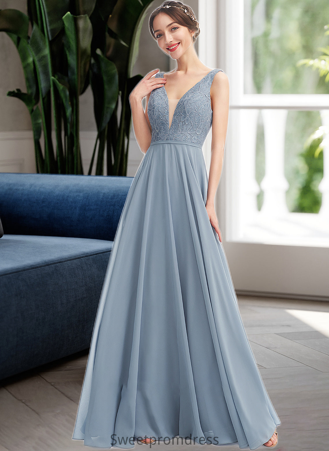 Heather A-Line V-neck Floor-Length Bridesmaid Dress DHP0013199