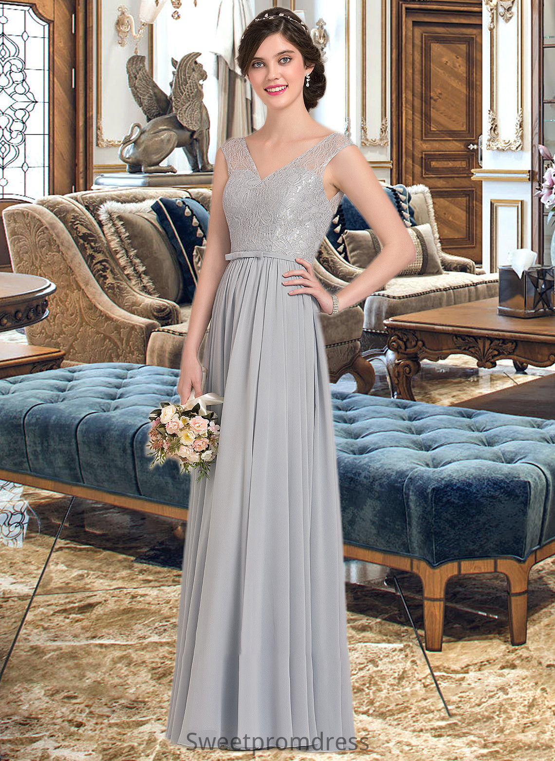 Erica A-Line V-neck Floor-Length Chiffon Lace Bridesmaid Dress With Bow(s) DHP0013203