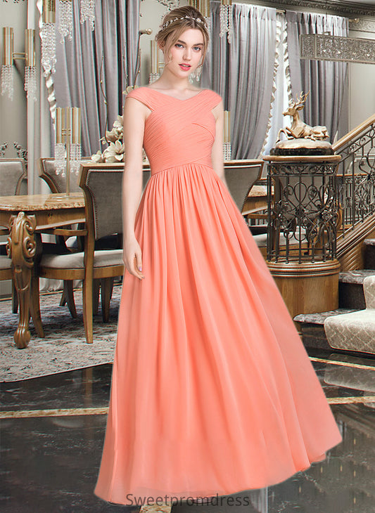 Jamiya Ball-Gown/Princess V-neck Floor-Length Chiffon Bridesmaid Dress With Ruffle DHP0013204