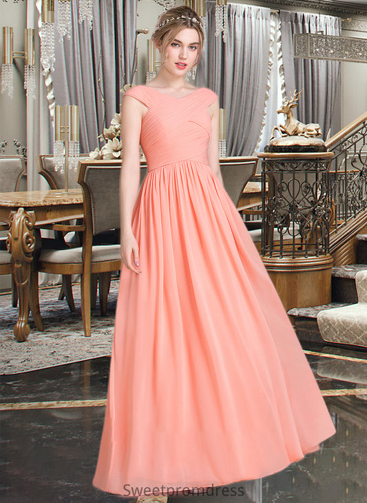 Jamiya Ball-Gown/Princess V-neck Floor-Length Chiffon Bridesmaid Dress With Ruffle DHP0013204