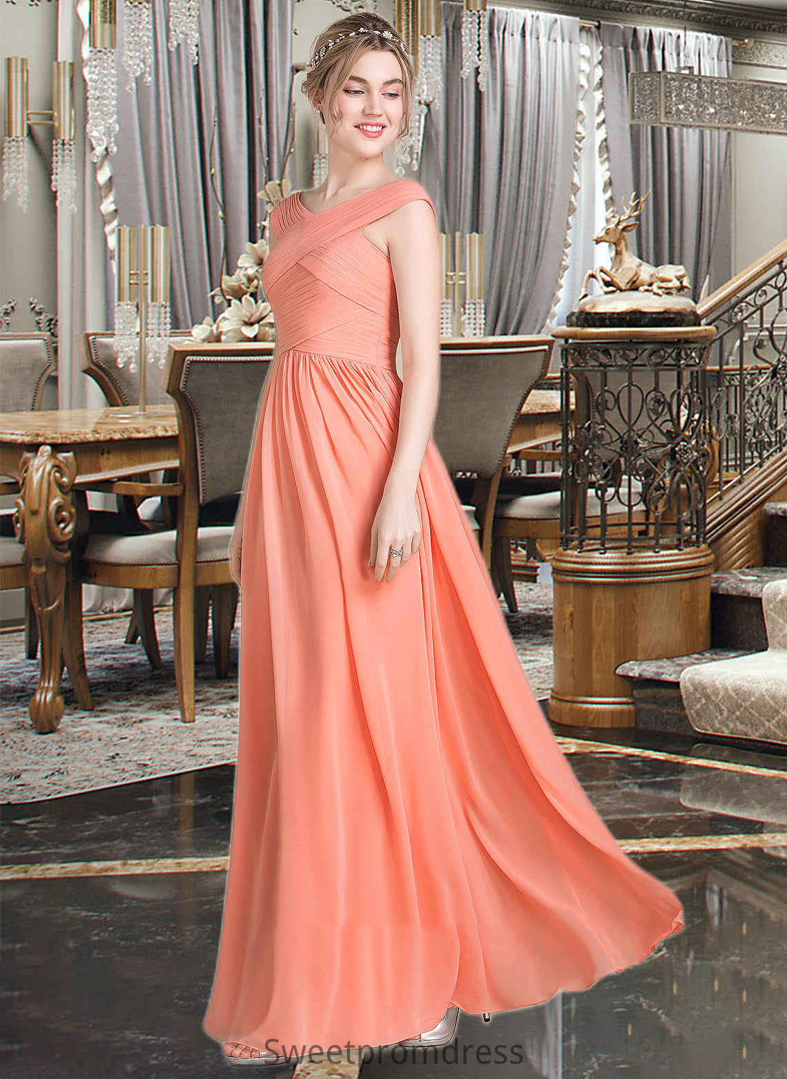 Jamiya Ball-Gown/Princess V-neck Floor-Length Chiffon Bridesmaid Dress With Ruffle DHP0013204