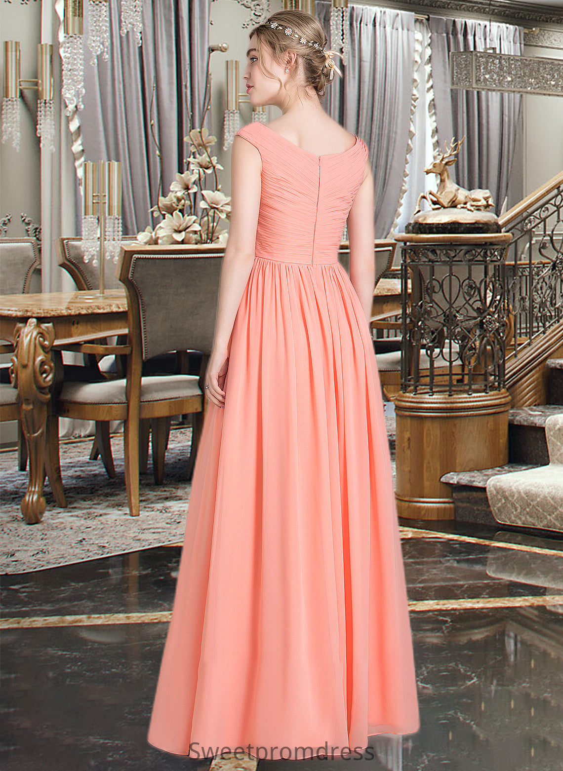 Jamiya Ball-Gown/Princess V-neck Floor-Length Chiffon Bridesmaid Dress With Ruffle DHP0013204