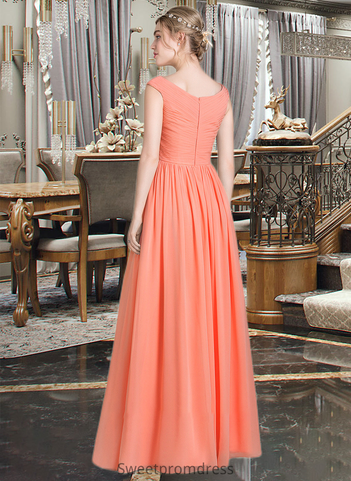 Jamiya Ball-Gown/Princess V-neck Floor-Length Chiffon Bridesmaid Dress With Ruffle DHP0013204