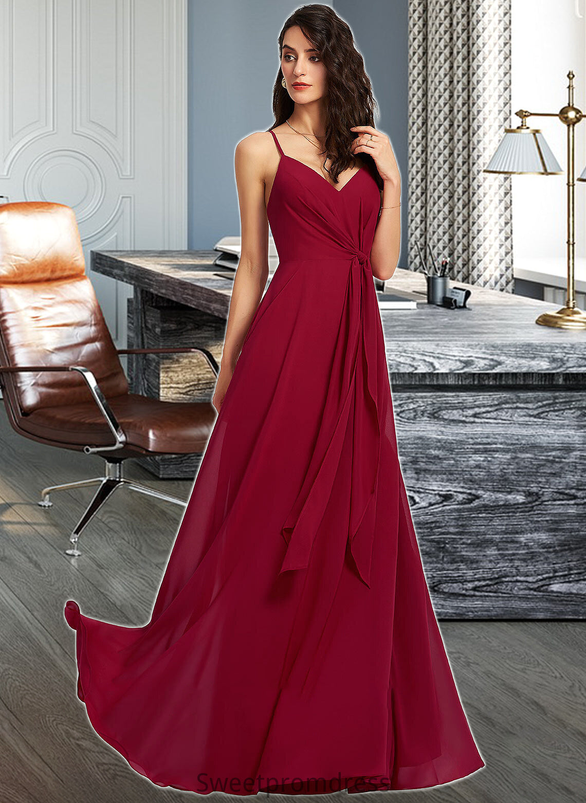 Aimee A-Line V-neck Floor-Length Bridesmaid Dress With Ruffle DHP0013206