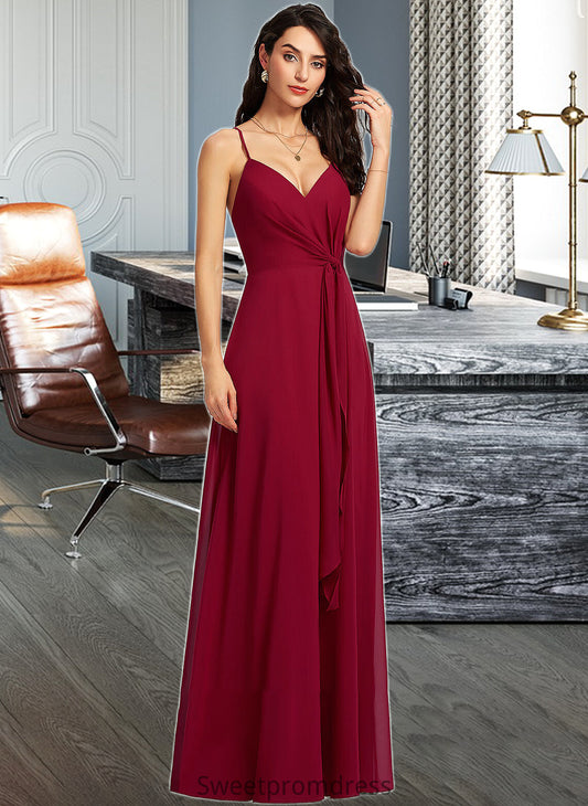 Aimee A-Line V-neck Floor-Length Bridesmaid Dress With Ruffle DHP0013206